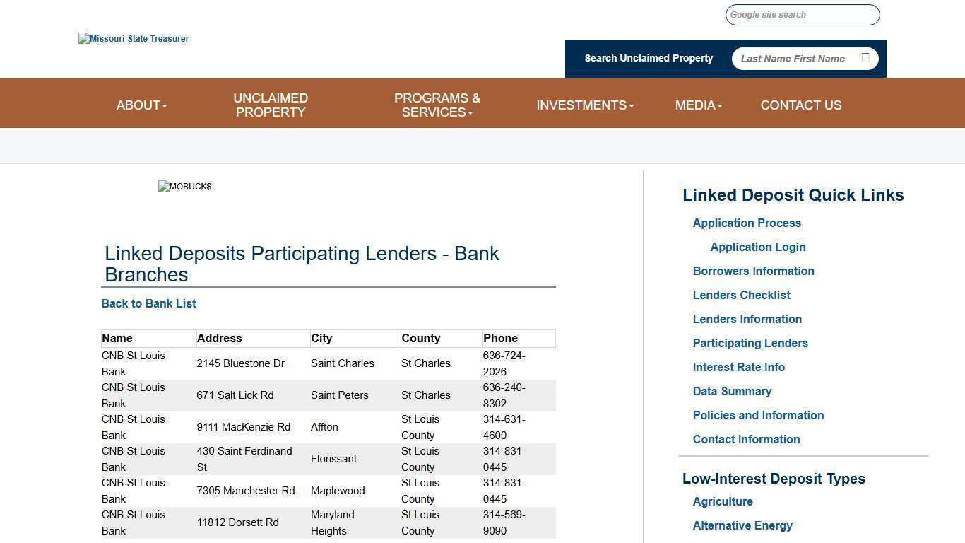 Office of the Missouri State Treasurer - Linked Deposit Participating Lenders Bank Branch List