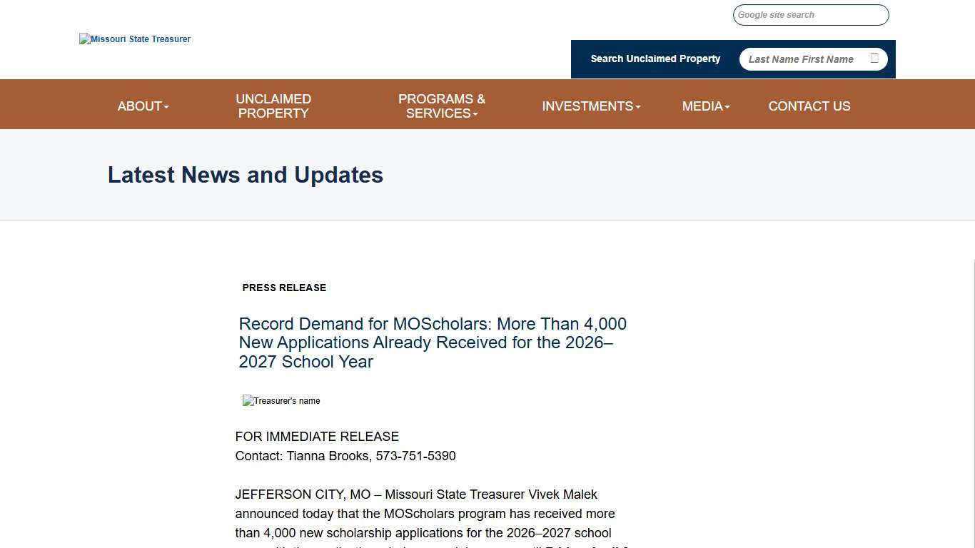 Missouri State Treasurer's Office - News and Events: Press Release